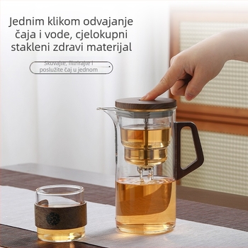 Čajnik s elegantnom šalicom, filtr jednim pritiskom gumba, orahovo drvo i stakleno tijelo, odvajanje čaja i vode