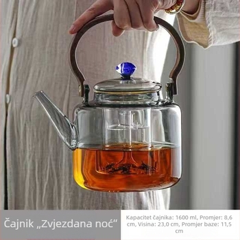 Čajnik od borosilikatnog stakla otporan na visoke temperature, s ručkom, za kućnu upotrebu; omogućuje kuhanje vode i odvajanje čaja od vode; moderan minimalistički stil; ručna izrada