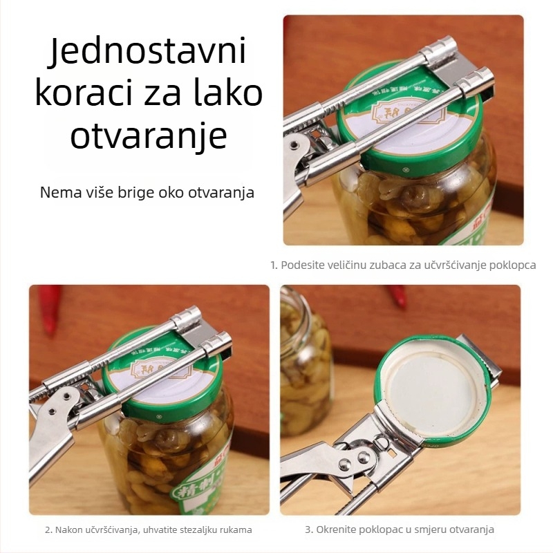 Otvarač za konzerve i boce od nehrđajućeg čelika, podesiv, višefunkcionalan, s protukliznim držalom – kuhinjski alat