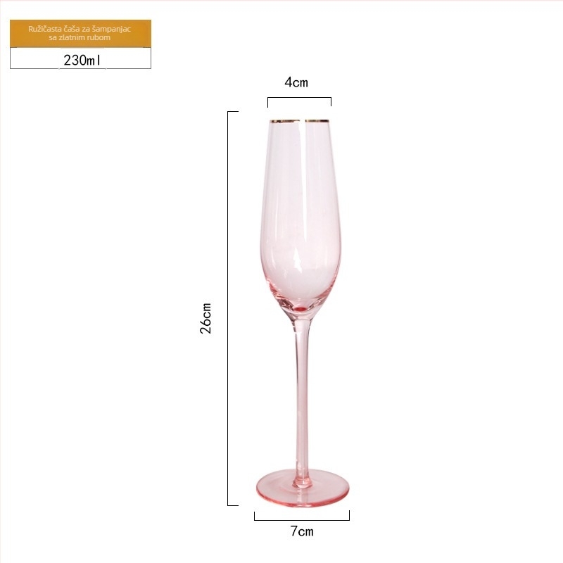 Visoka čaša za šampanjac i crveno vino, ručno puhana, ružičasto-zlatni rub, prozirno kristalno staklo, zapremina 401–500 ml