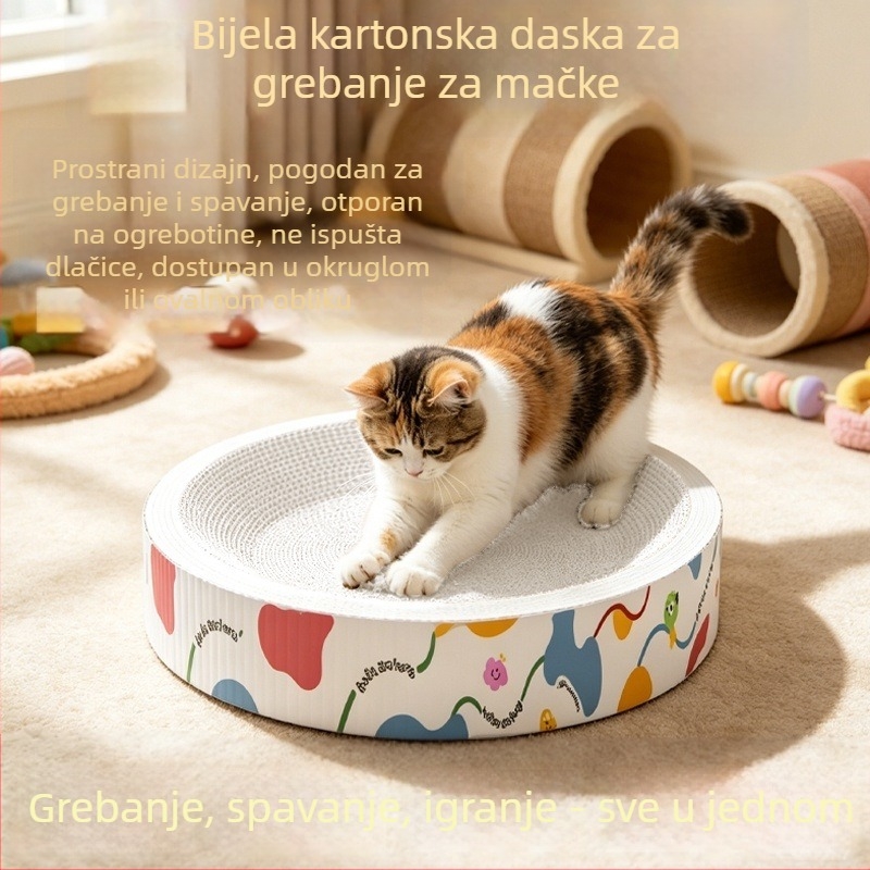 Integrirano okruglo mačje gnijezdo s pločom za grebanje od valovitog kartona, otporno na grebanje, bez vlakana, ekstra veliki prostor za grebanje.