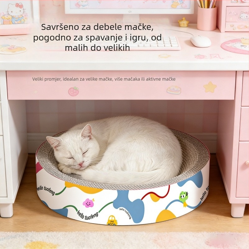 Integrirano okruglo mačje gnijezdo s pločom za grebanje od valovitog kartona, otporno na grebanje, bez vlakana, ekstra veliki prostor za grebanje.