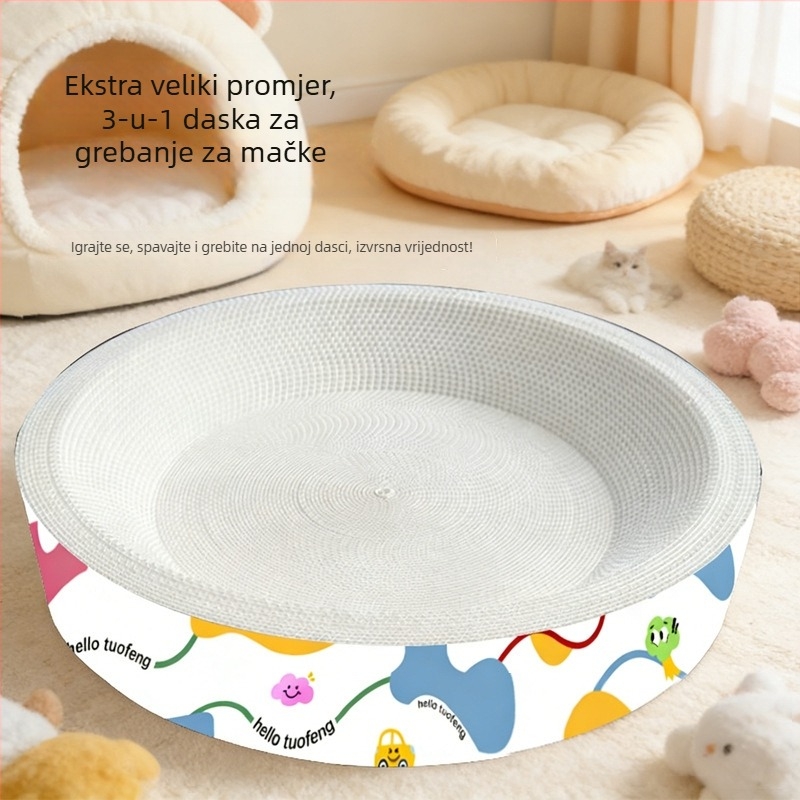 Integrirano okruglo mačje gnijezdo s pločom za grebanje od valovitog kartona, otporno na grebanje, bez vlakana, ekstra veliki prostor za grebanje.