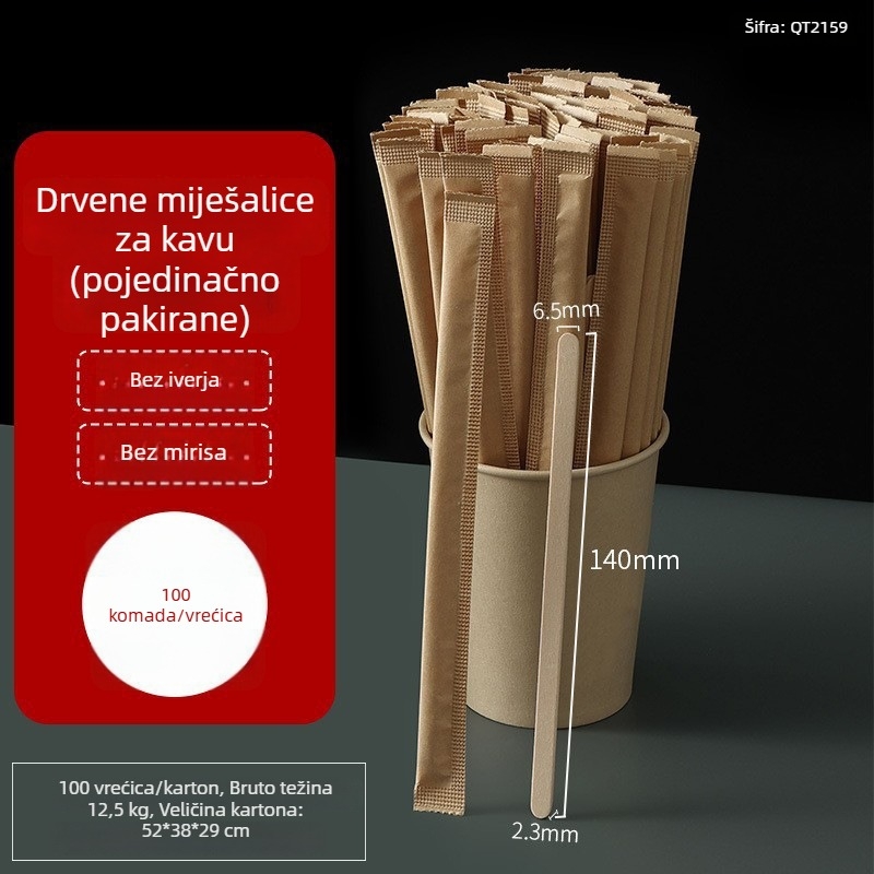 Drvene jednokratne miješalice za kavu, 14 cm, individualno pakiranje, 100 komada u pakiranju, za kavu i topla pića