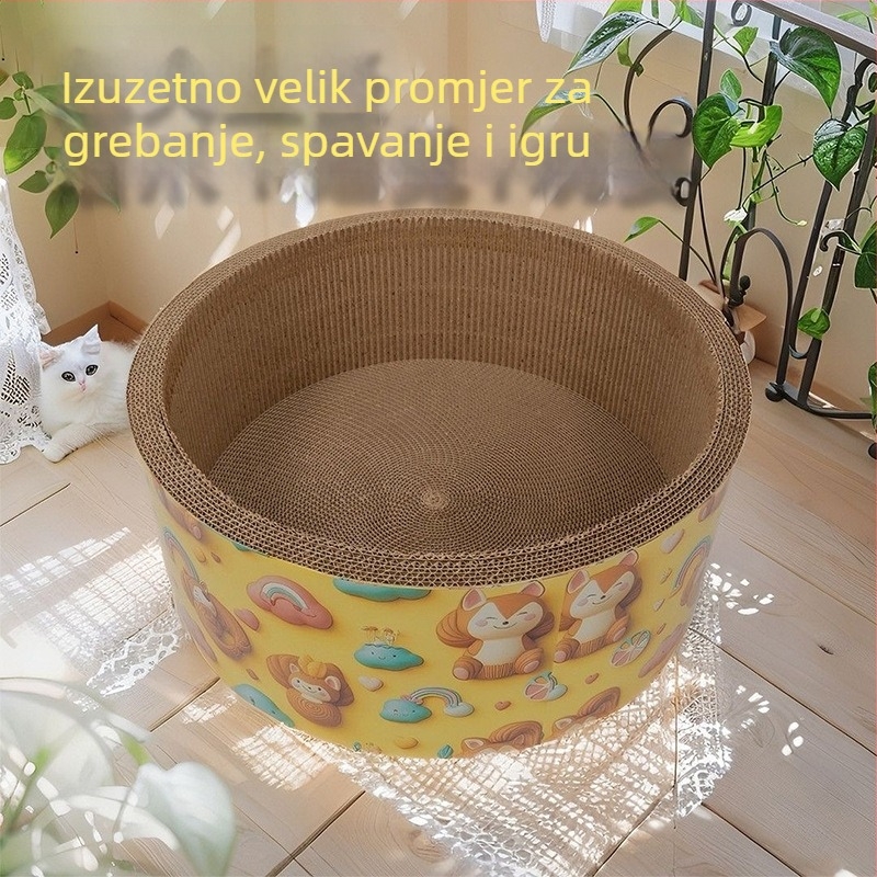 Kružna duboka i veća grebalica za mačke od valovitog papira, otporna na grebanje i bez vlakana, s dizajnom crtane mačke.