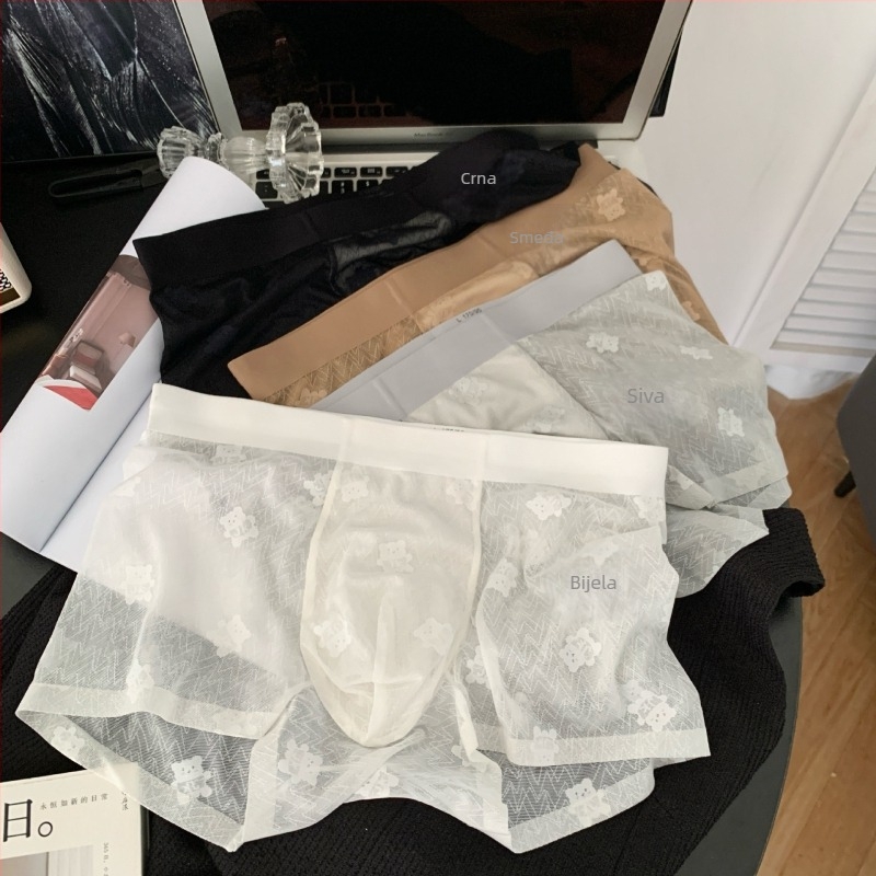 Retro smeđi medvjed jacquard čipka muške bokserice, 10A antibakterijske, s mirisom kamelije i Mulberry Silk