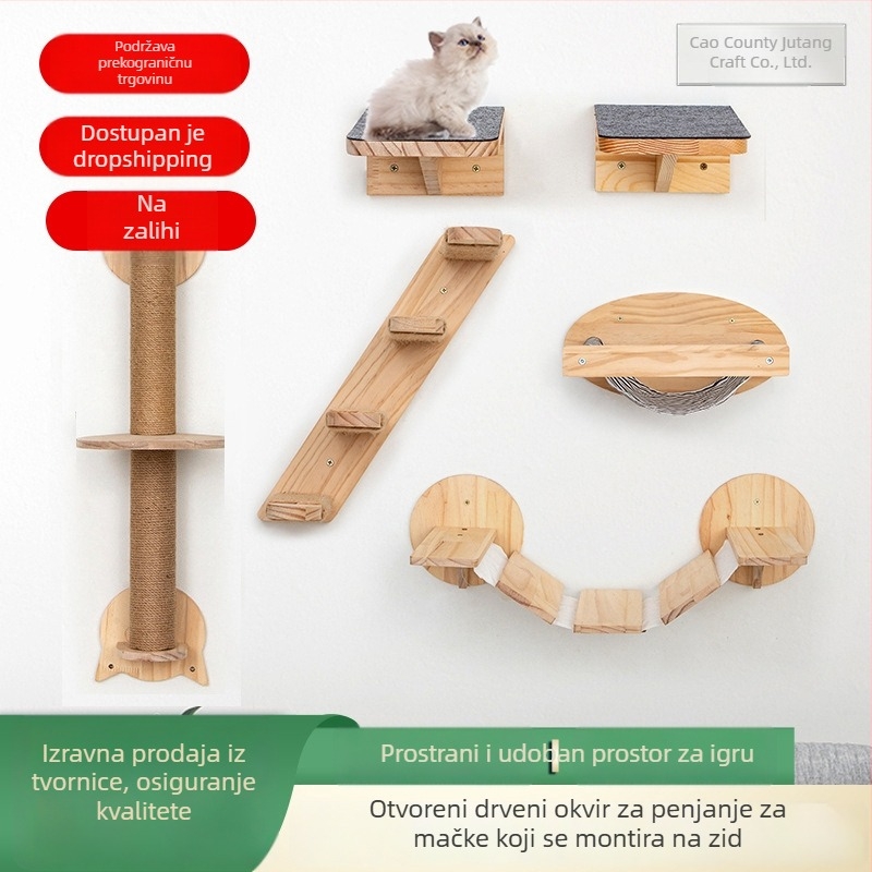 Minimalistički zidni stalak za mačke za penjanje s platformom za skok i čvrstim drvenim mačjim gnijezdom