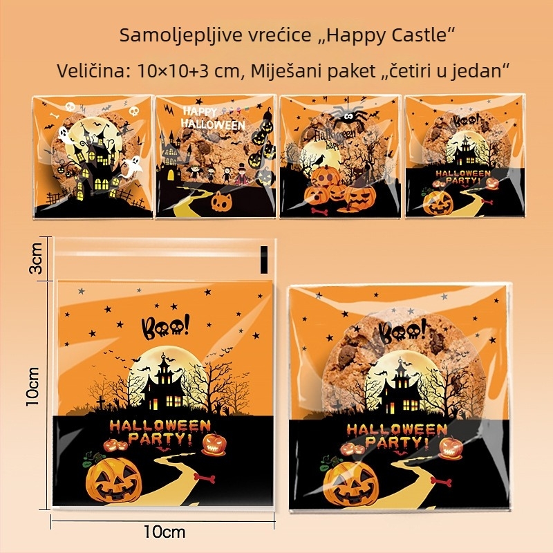 Samozatvarajuće OPP vrećice za pakiranje bombona i keksa s Halloween dizajnom — Happy Ghost 4-in-1, Pumpkin Cat 4-in-1, Happy Castle 4-in-1