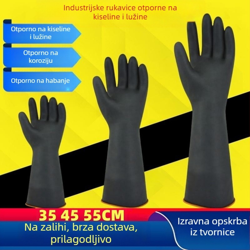 Industrijske gumene rukavice za kemijsku zaštitu, produžene i debele, crne, s teksturom goveđeg tetiva, otporne na ulje, vodonepropusne, otporne na koroziju, latex, otporne na kiseline i lužine.