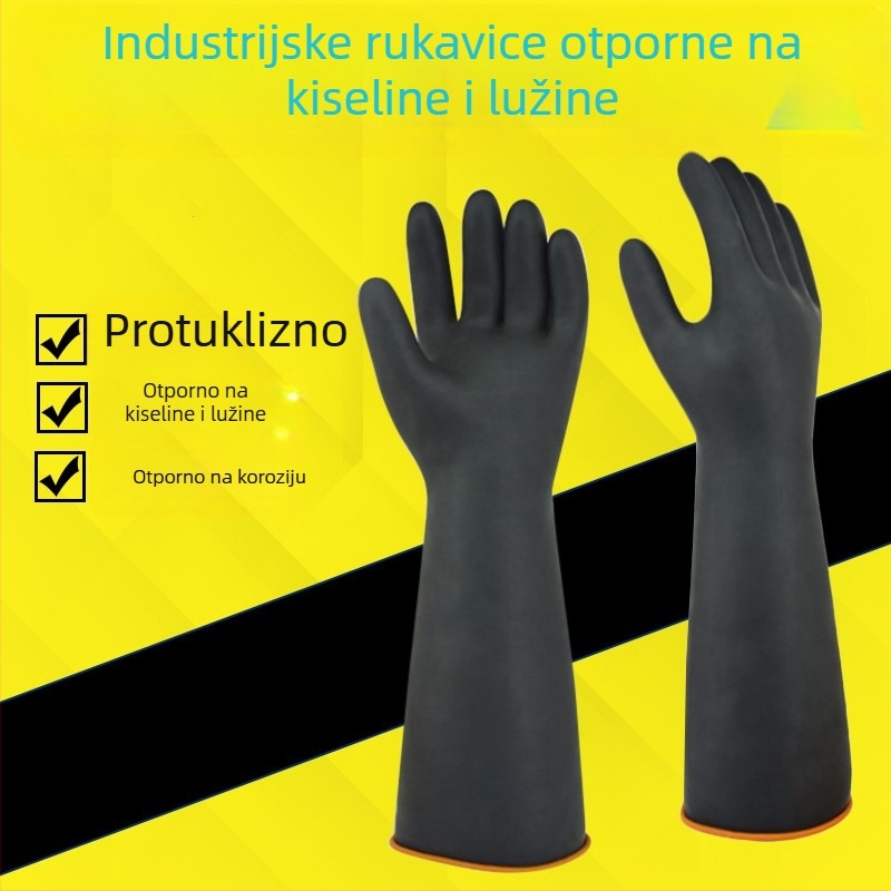 Industrijske gumene rukavice za kemijsku zaštitu, produžene i debele, crne, s teksturom goveđeg tetiva, otporne na ulje, vodonepropusne, otporne na koroziju, latex, otporne na kiseline i lužine.