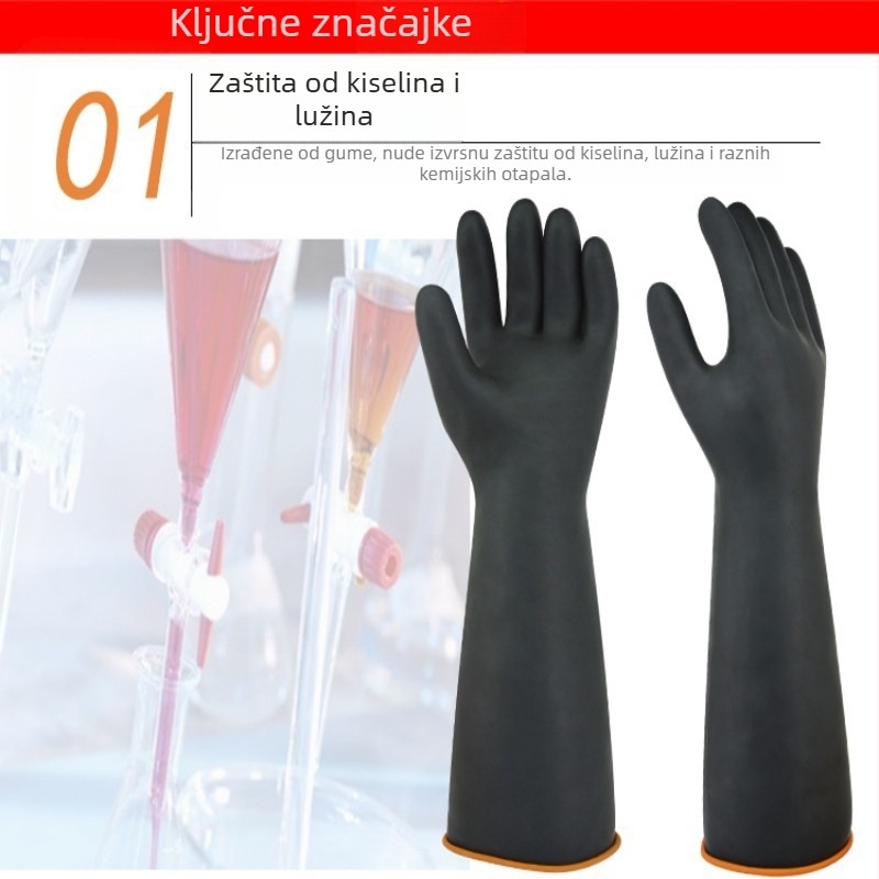 Industrijske gumene rukavice za kemijsku zaštitu, produžene i debele, crne, s teksturom goveđeg tetiva, otporne na ulje, vodonepropusne, otporne na koroziju, latex, otporne na kiseline i lužine.