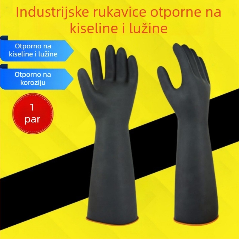 Industrijske gumene rukavice za kemijsku zaštitu, produžene i debele, crne, s teksturom goveđeg tetiva, otporne na ulje, vodonepropusne, otporne na koroziju, latex, otporne na kiseline i lužine.