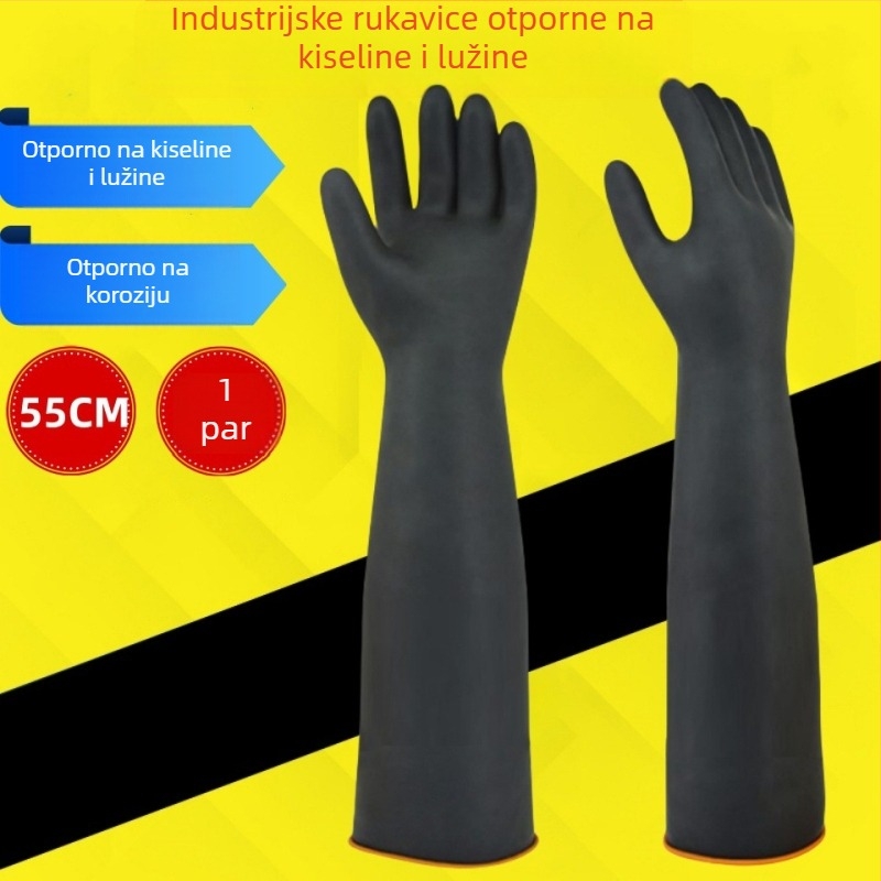 Industrijske gumene rukavice za kemijsku zaštitu, produžene i debele, crne, s teksturom goveđeg tetiva, otporne na ulje, vodonepropusne, otporne na koroziju, latex, otporne na kiseline i lužine.
