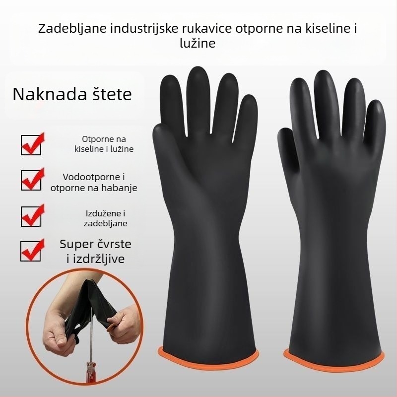 Industrijske gumene rukavice otporne na kiseline i baze, dvostrukog sloja, produžene, deblje, vodootporne, otporne na koroziju i habanje, crne.