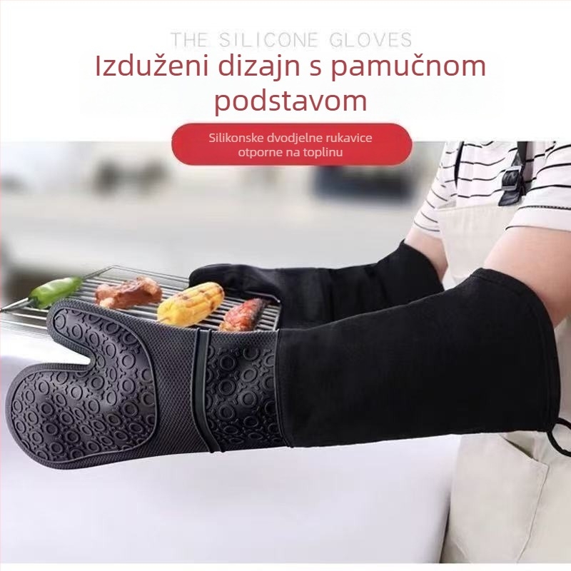 Rukavice od silikona otporne na visoke temperature do 500°C, s platnenim pokrovom, vodonepropusne, izolirane, protuklizne, duge i debele za zaštitu od opeklina.