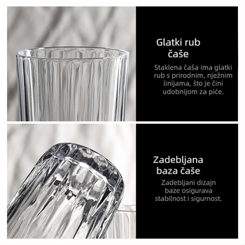 Toplotno otporna staklena šalica s pravim cilindričnim tijelom i prugastim prozirnim dizajnom, pogodna za čaj, mlijeko, sok, kavu ili vino; kućna šalica za doručak.