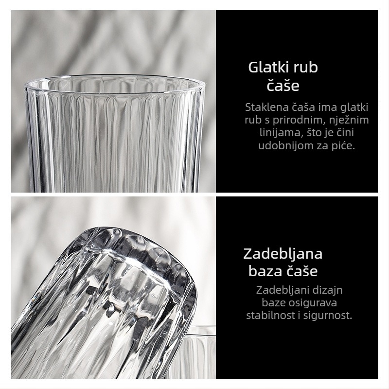 Toplotno otporna staklena šalica s pravim cilindričnim tijelom i prugastim prozirnim dizajnom, pogodna za čaj, mlijeko, sok, kavu ili vino; kućna šalica za doručak.
