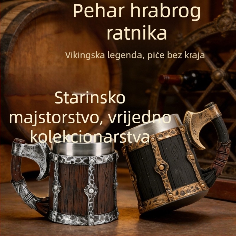 Nehrđavi čelik čaša za pivo, dizajn drveta i držak u obliku tomahawka, inspirirano vikingskom kulturom, kapacitet 401–500 ml