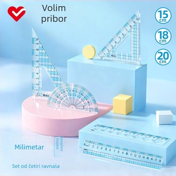 Hobi set ravnala s milimetarskom skalom, veliko digitalno ravnalo, četverodijelni set s ravnalima od 15 cm, 18 cm i 20 cm, trokutasto ravnalo i kutomjer.