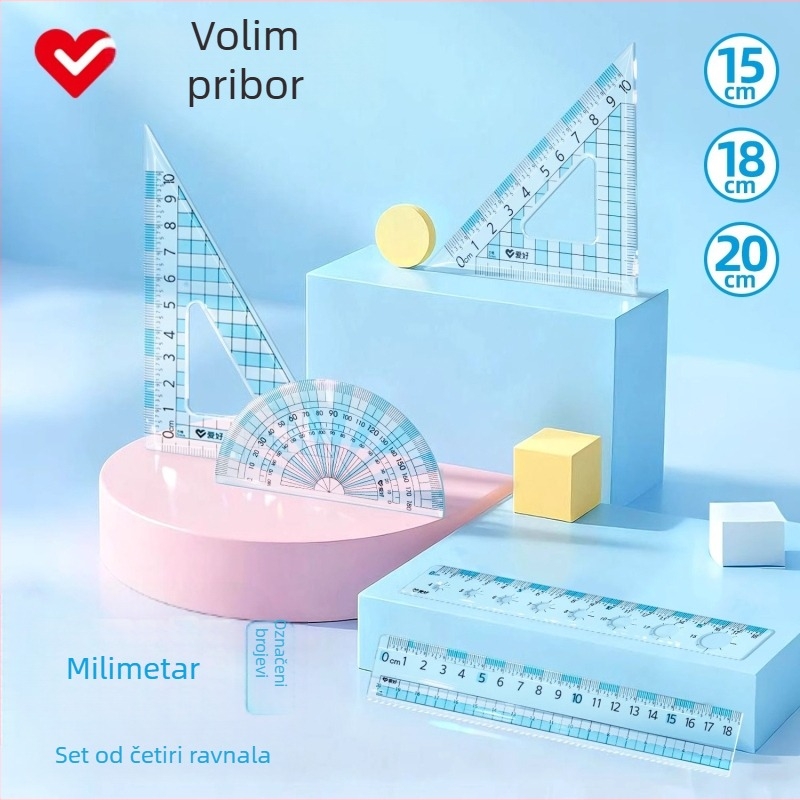 Hobi set ravnala s milimetarskom skalom, veliko digitalno ravnalo, četverodijelni set s ravnalima od 15 cm, 18 cm i 20 cm, trokutasto ravnalo i kutomjer.