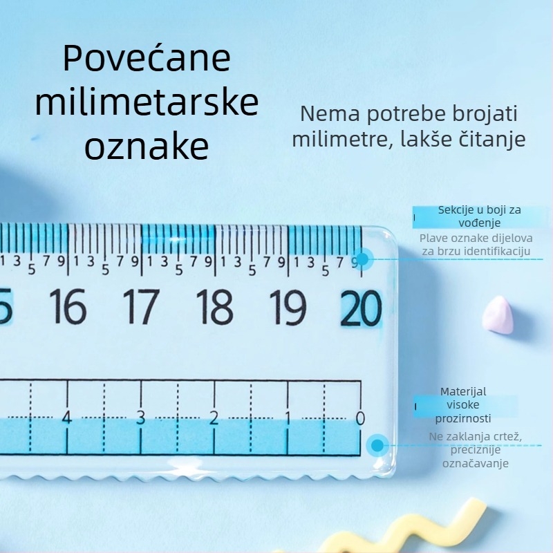 Hobi set ravnala s milimetarskom skalom, veliko digitalno ravnalo, četverodijelni set s ravnalima od 15 cm, 18 cm i 20 cm, trokutasto ravnalo i kutomjer.