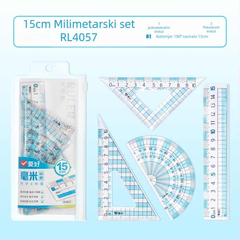 Hobi set ravnala s milimetarskom skalom, veliko digitalno ravnalo, četverodijelni set s ravnalima od 15 cm, 18 cm i 20 cm, trokutasto ravnalo i kutomjer.