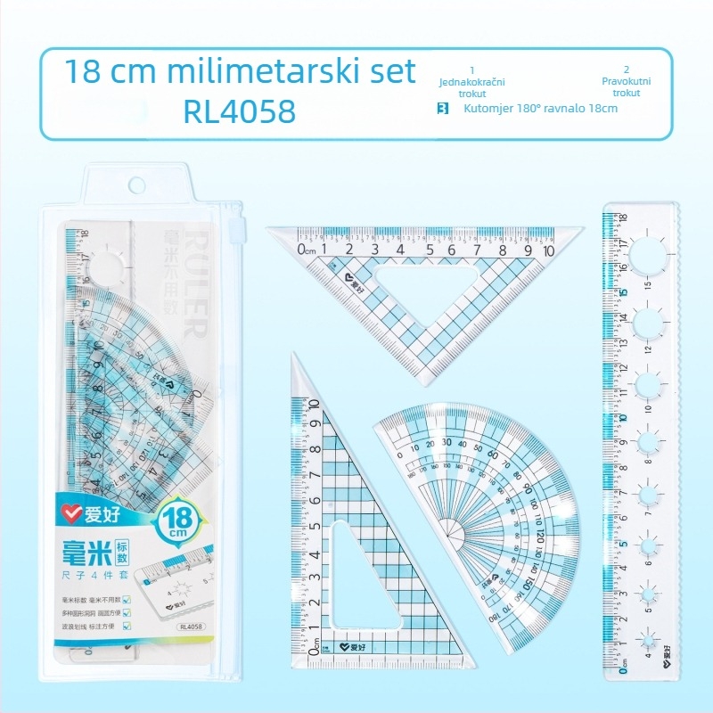 Hobi set ravnala s milimetarskom skalom, veliko digitalno ravnalo, četverodijelni set s ravnalima od 15 cm, 18 cm i 20 cm, trokutasto ravnalo i kutomjer.