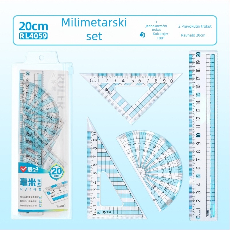 Hobi set ravnala s milimetarskom skalom, veliko digitalno ravnalo, četverodijelni set s ravnalima od 15 cm, 18 cm i 20 cm, trokutasto ravnalo i kutomjer.