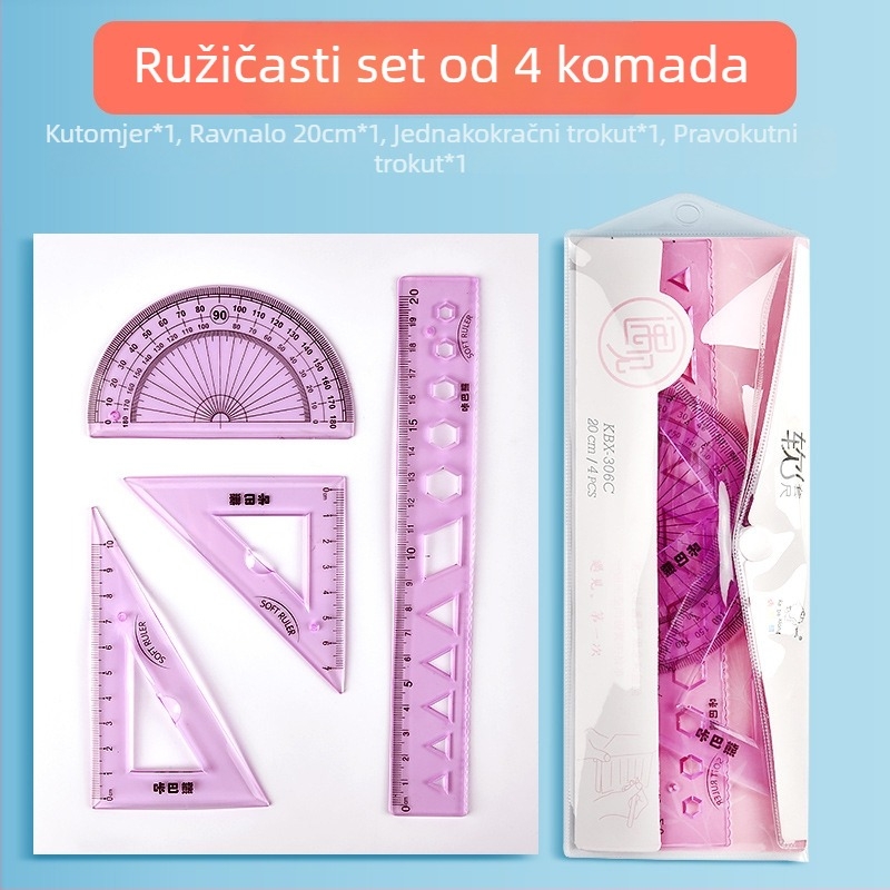 Mesibo Geometrijski alat 4-dijelni set: 20 cm ravnalo, kutomjer, fleksibilno ravnalo i trokut