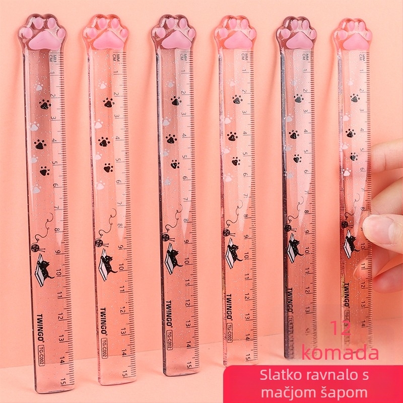 Plastična ravnala s dizajnom mačje šape, višenamjenska, prozirna, slatkog crtić-stila za učenike osnovne škole
