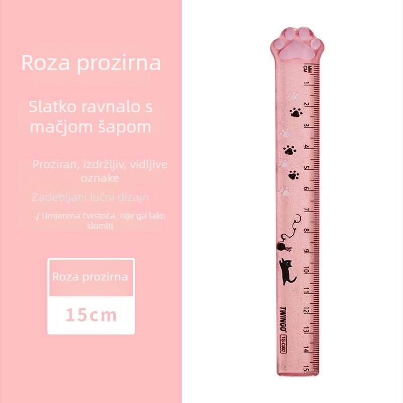 Plastična ravnala s dizajnom mačje šape, višenamjenska, prozirna, slatkog crtić-stila za učenike osnovne škole
