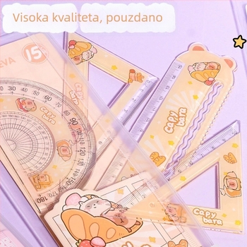 Četiri ravnala s kapibarom za učenike osnovne škole, uključuje kutomjer i trokut, sladak dizajn