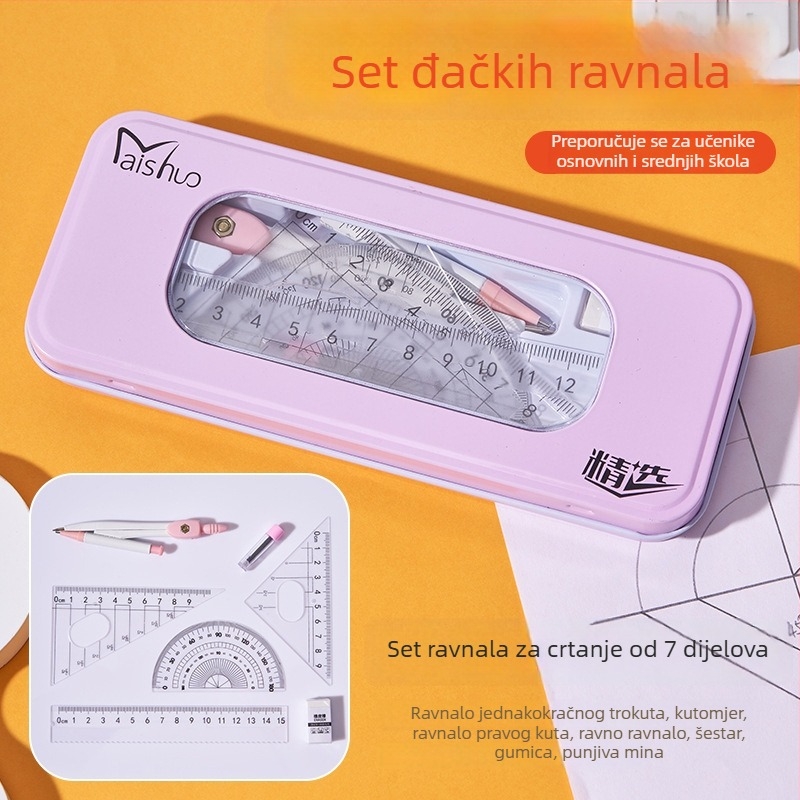 Set kompas i ravnala — sladak trokuti ravnalo i ravnalo s pravim rubom, sedmeročlani set za crtanje za učenike