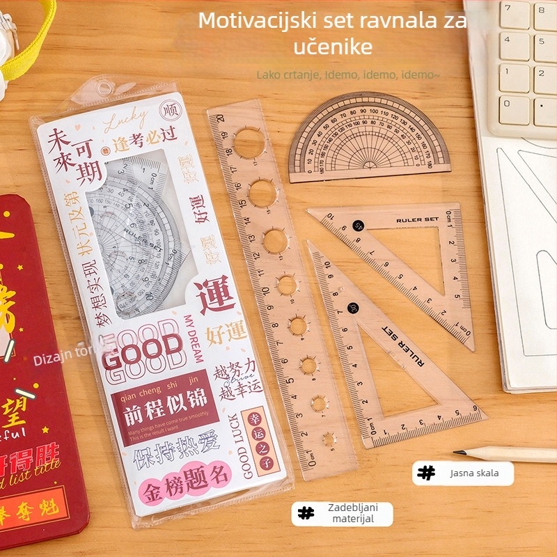 Prozirni plastični set pravila za učenike – četverodjelni set za mjerenje i crtanje, trougao i kutomjer