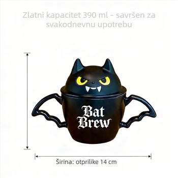 Šalica za Halloween s netoprom i crnom mačkom, poklopac, dvostruke ručke, tamna keramika – kreativni poklon