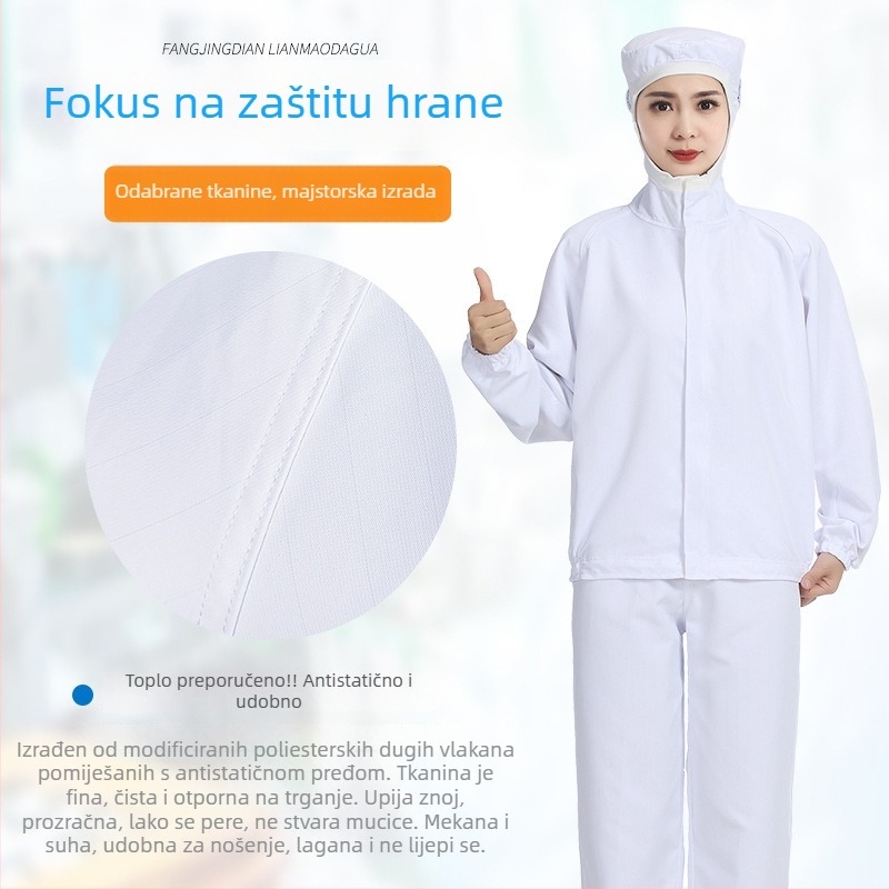 Antistatičko radno odijelo s kapuljačom za prehrambenu industriju, odvlaži vlagu, jednostavno za pranje, dugi rukav s logom