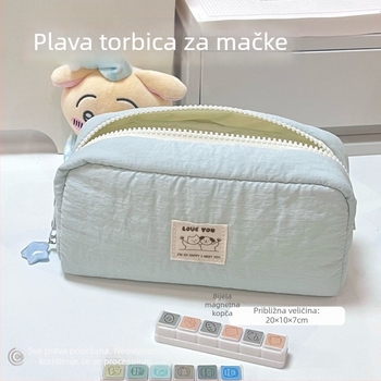 Jednobojna plava torbica za olovke s motivom mačke i psa, studentski organizator s velikim kapacitetom i unutarnjim pretincima