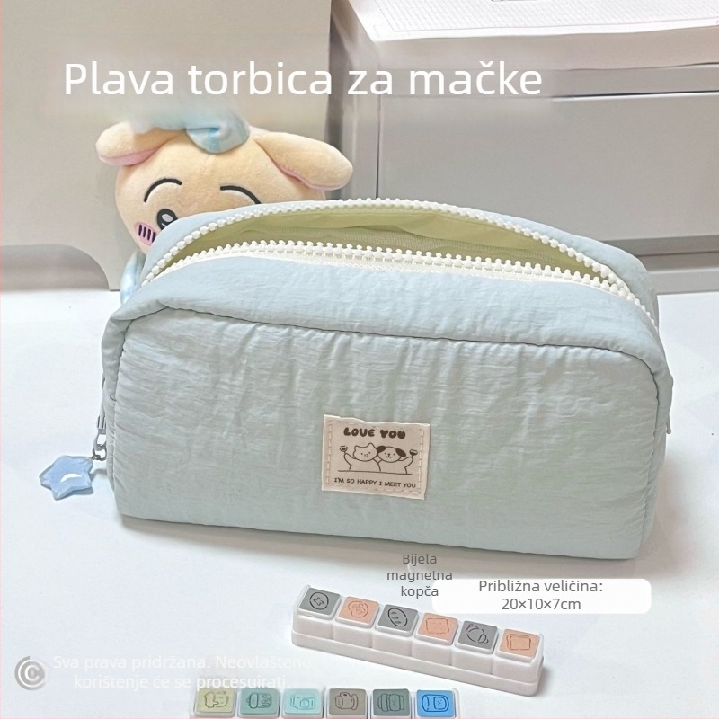 Jednobojna plava torbica za olovke s motivom mačke i psa, studentski organizator s velikim kapacitetom i unutarnjim pretincima