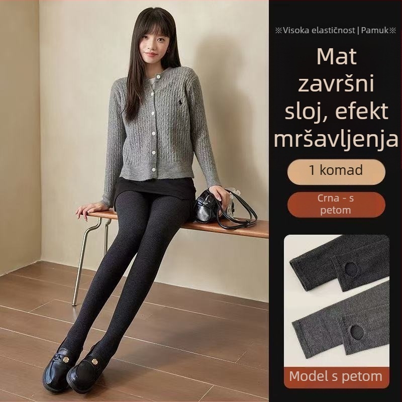 Čarape iz serije Miu, glatko pletene s finim prugama, ženske zimske čarape s flis podstavom, debele crne