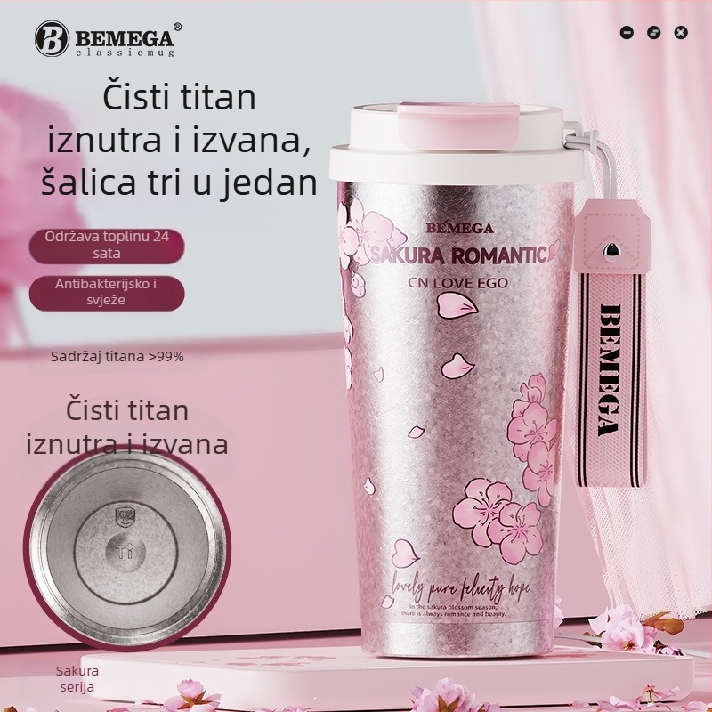 Bemega izolirana čaša od čistog titana za žene, dizajn sakura cvijeta, model 2026, sa slamkom, za kavu i vodu
