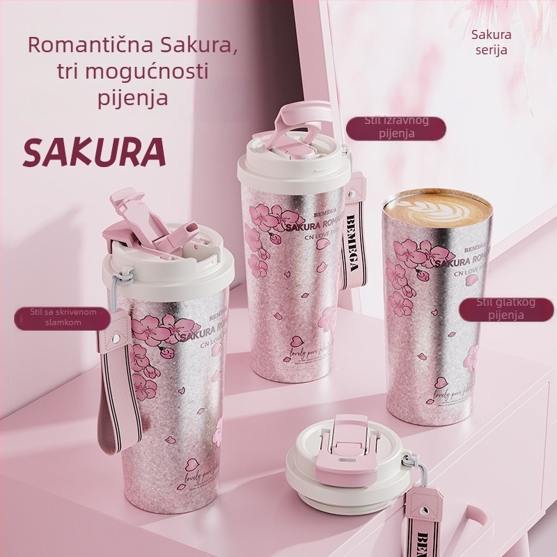 Bemega izolirana čaša od čistog titana za žene, dizajn sakura cvijeta, model 2026, sa slamkom, za kavu i vodu