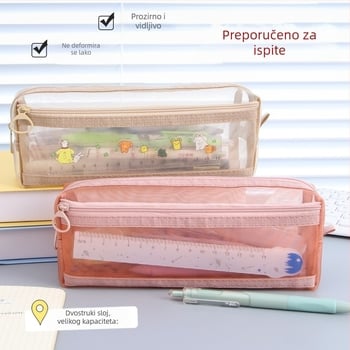 Prozirna mrežasta torbica za olovke, dvostrukog sloja, velika kapaciteta, za učenike, sa zatvaračem