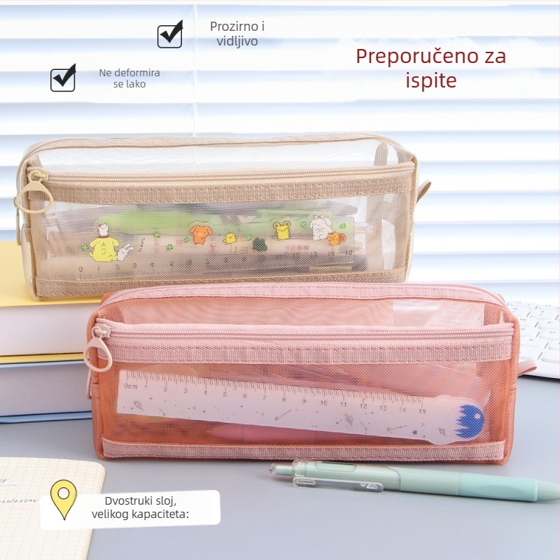 Prozirna mrežasta torbica za olovke, dvostrukog sloja, velika kapaciteta, za učenike, sa zatvaračem