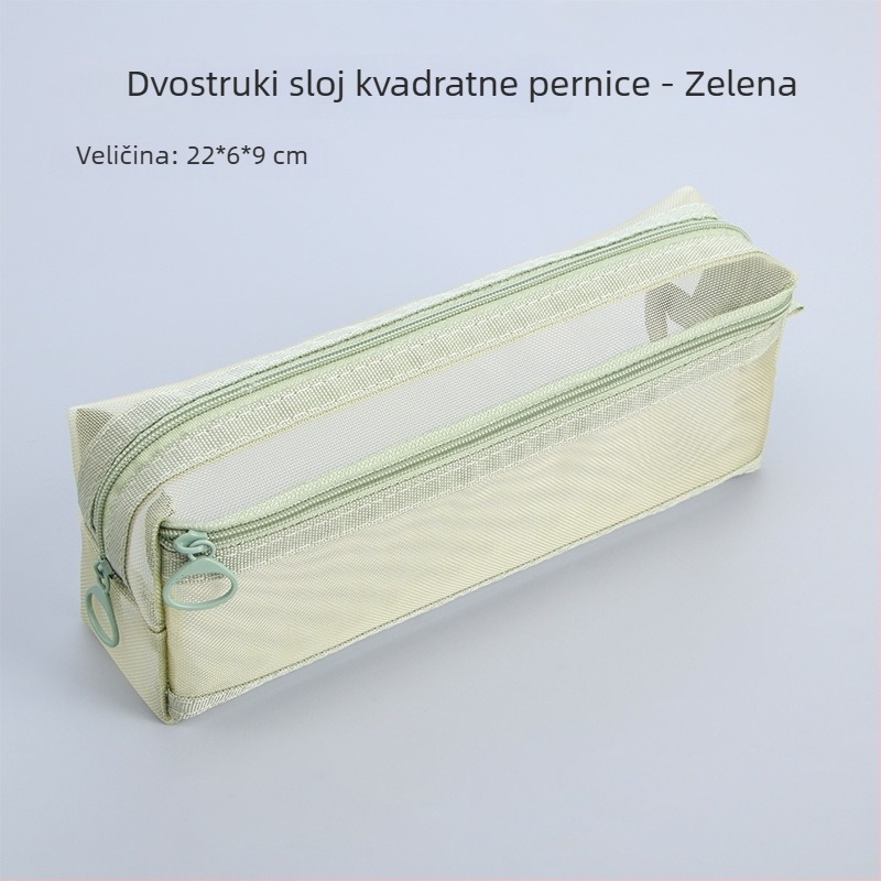 Prozirna mrežasta torbica za olovke, dvostrukog sloja, velika kapaciteta, za učenike, sa zatvaračem