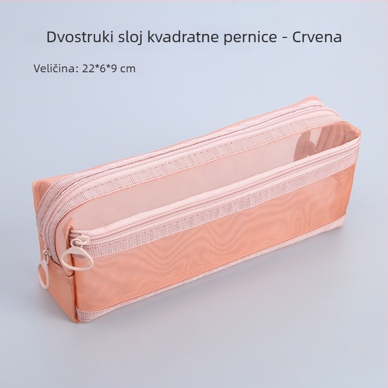 Prozirna mrežasta torbica za olovke, dvostrukog sloja, velika kapaciteta, za učenike, sa zatvaračem