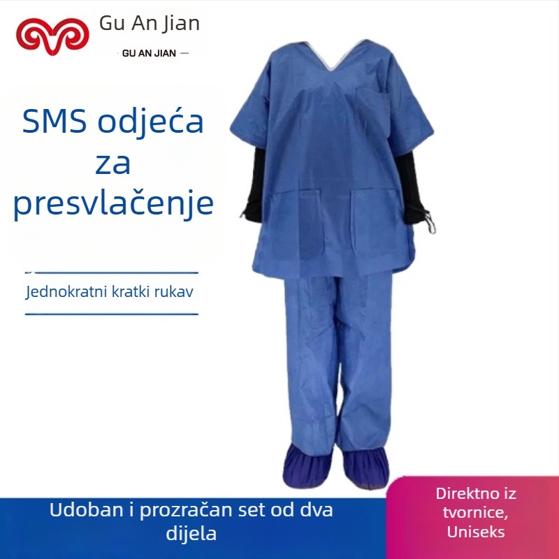 Jednokratna izolacijska haljina za pacijente, netkani materijal, vodootporna i otporna na prašinu, kratki rukav, dvodijelni set
