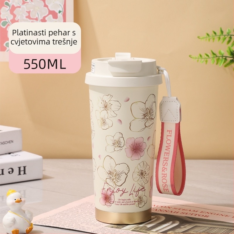 Cherry Blossom izolacijska šalica od 316 nerđajućeg čelika, velika zapremina, s remenom za nošenje, za vanjsku upotrebu
