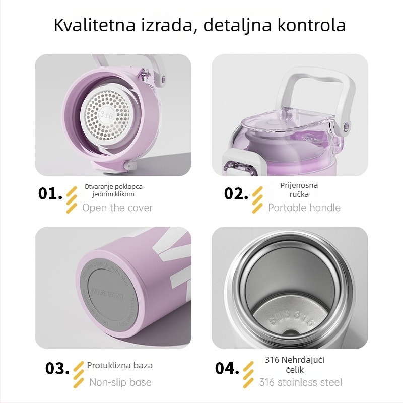 Izolirana čaša od 316 nerđajućeg čelika, veliki kapacitet, za djecu i studente, sportska čaša s opružnim zatvaračem i kreativnim dizajnom