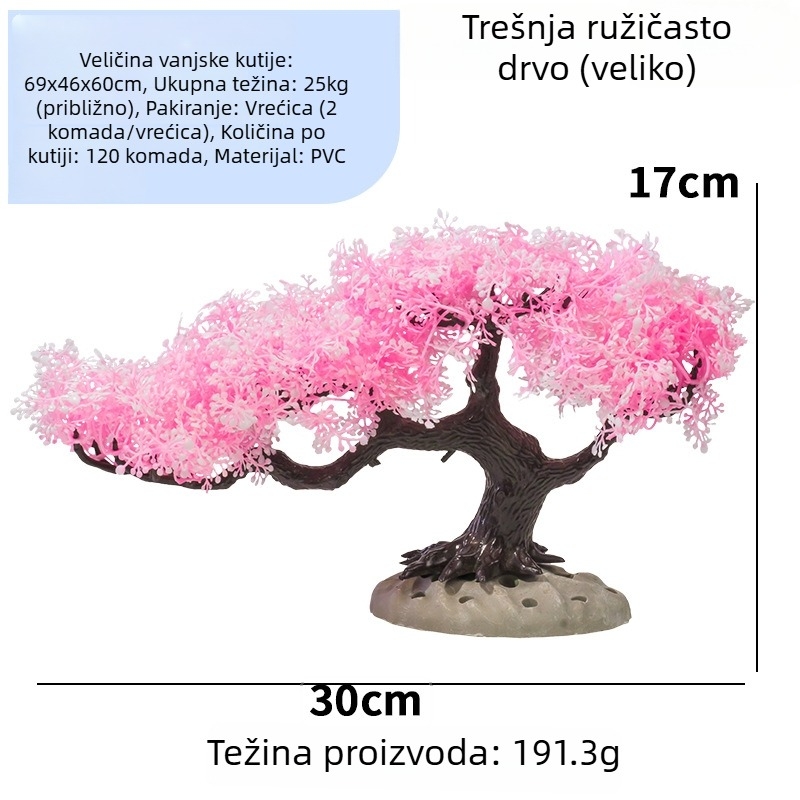 Set dekoracija za akvarij s ružičastim stablom, umjetnim listovima i vodnim biljkama