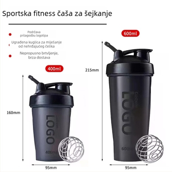 600 ml šejker čaša za proteini prah i milkshake – plastična sportska boca, lagana za nošenje, mogućnost logotipa